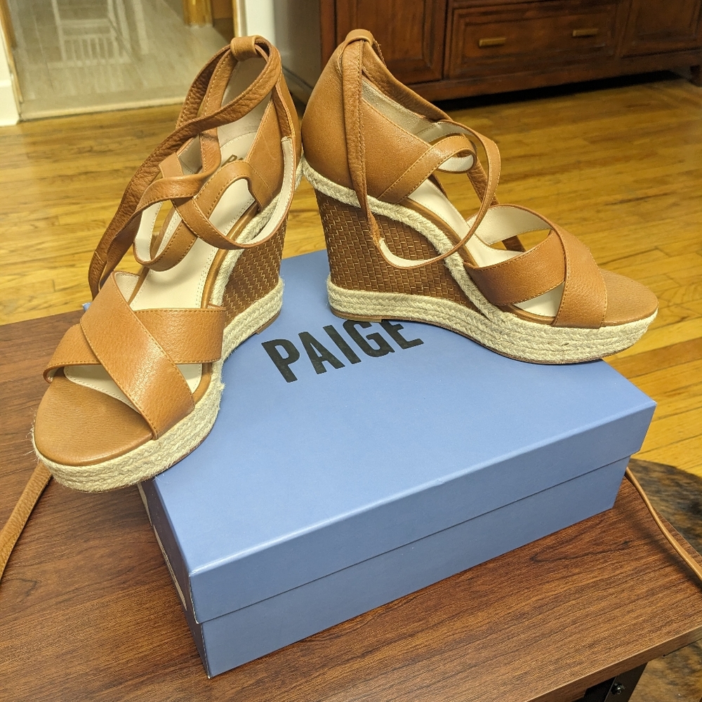 Paige Talia Wedge wrap sandal cognac color, leather